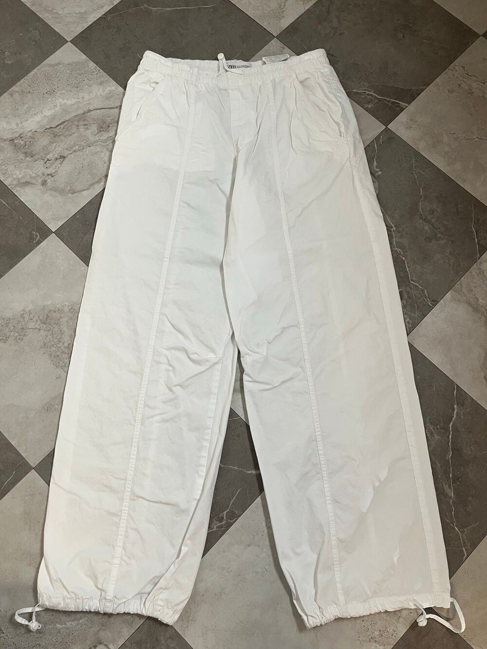 Zara Women’s Pants Size S White Cotton Drawstring Cargo Barrel Leg Minimalist